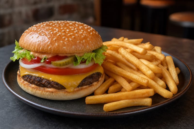 Cheeseburger mit Pommes