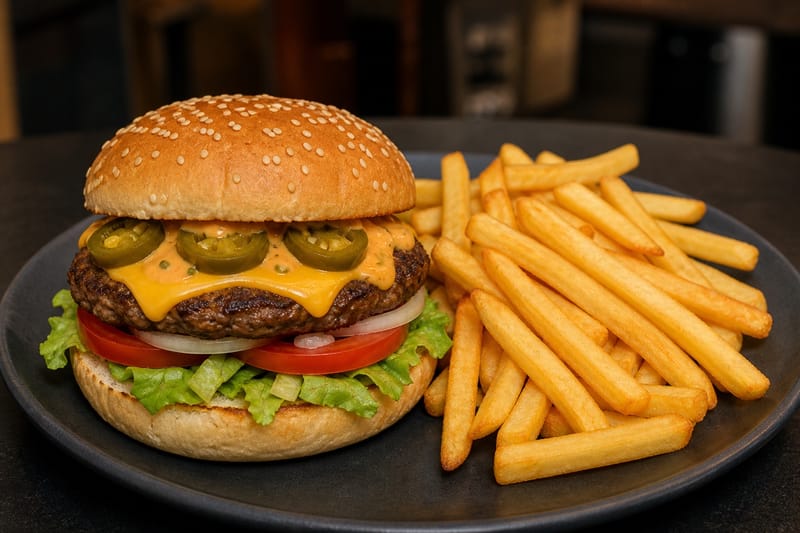 Chili-Cheeseburger mit Pommes