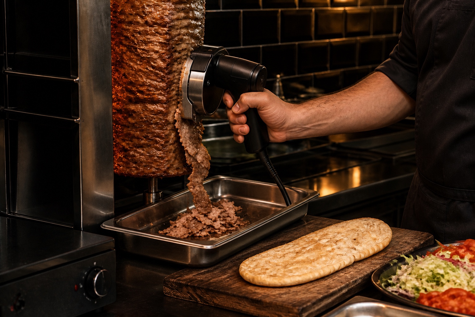 Fleisch wird vom Spieß geschnitten, daneben liegt das Fladenbrot